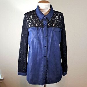 Hannah Women's Blouse Size XL Blue Denim Black Lace Button Up Shirt Long Sleeve
